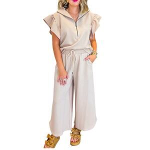 Textured Ruffled Sleeve Zipped Top and Wide Leg Pants Set  Tan Large New